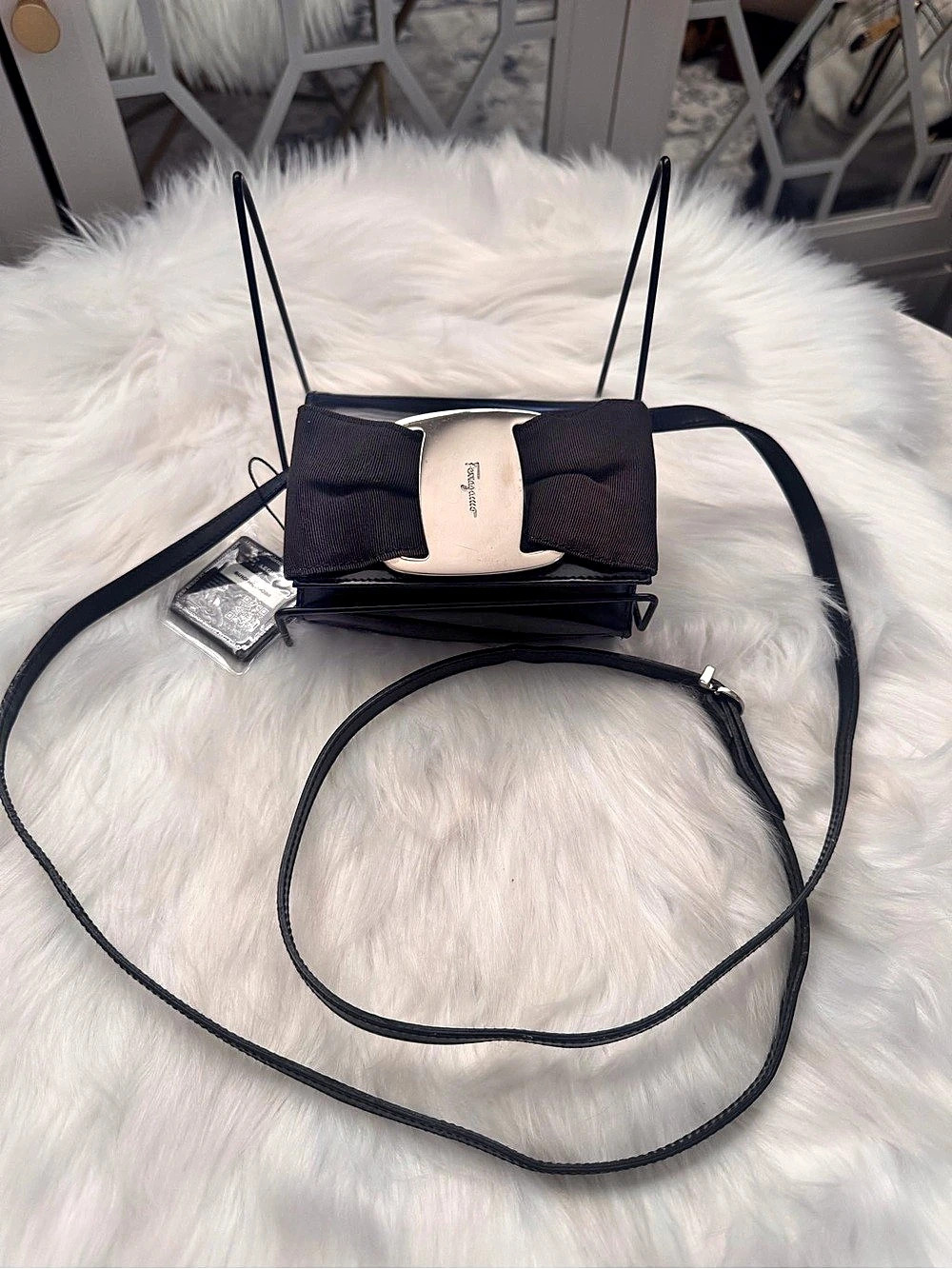 Salvatore Ferragamo bow mini Vara crossbody bag in Black Patent Leather